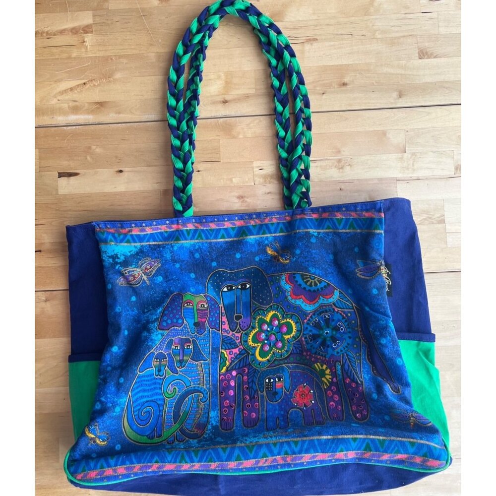 Laurel Burch Sun Sand Canine Family Blue Beach Tote Bag - Picture 1 of 12